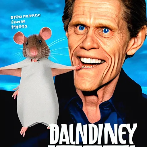 Image similar to movie poster of william dafoe as an anthropomorphic singing rat
