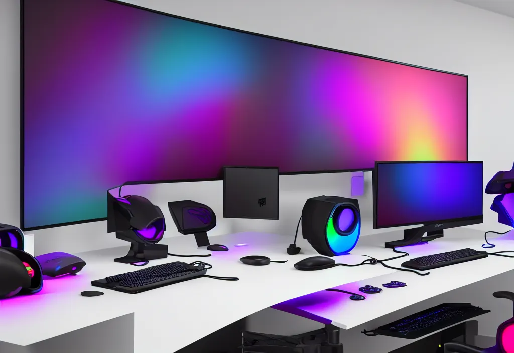 Prompt: the ultimate gaming setup rgb, three monitors, colorful, glossy, octane render, 8 k, detailed, rgb keyboard, rgb mouse, gaming pc, microphone, detailed