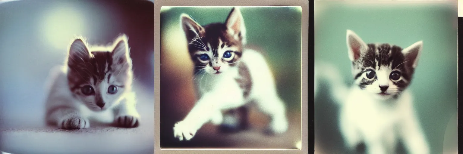 Prompt: Polaroid vintage photo of a kitten, motion blurred, bokeh,