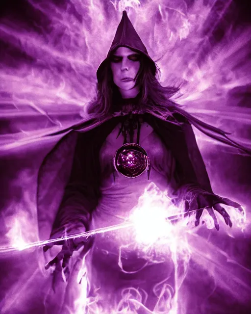 Prompt: pyromancer witch cover in purple flames, deep pyro colors, purple laser lighting, award winning photograph, radiant flares, realism, lens flare, intricate, various refining methods, micro macro autofocus, evil realm magic arts, polaroid picture taken by michael komarck - daniel dos santos