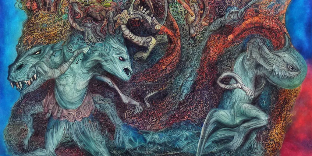 Image similar to mythical creatures and monsters in the imaginal realm of the collective unconscious, surreal mixed media painting by ronny khalil