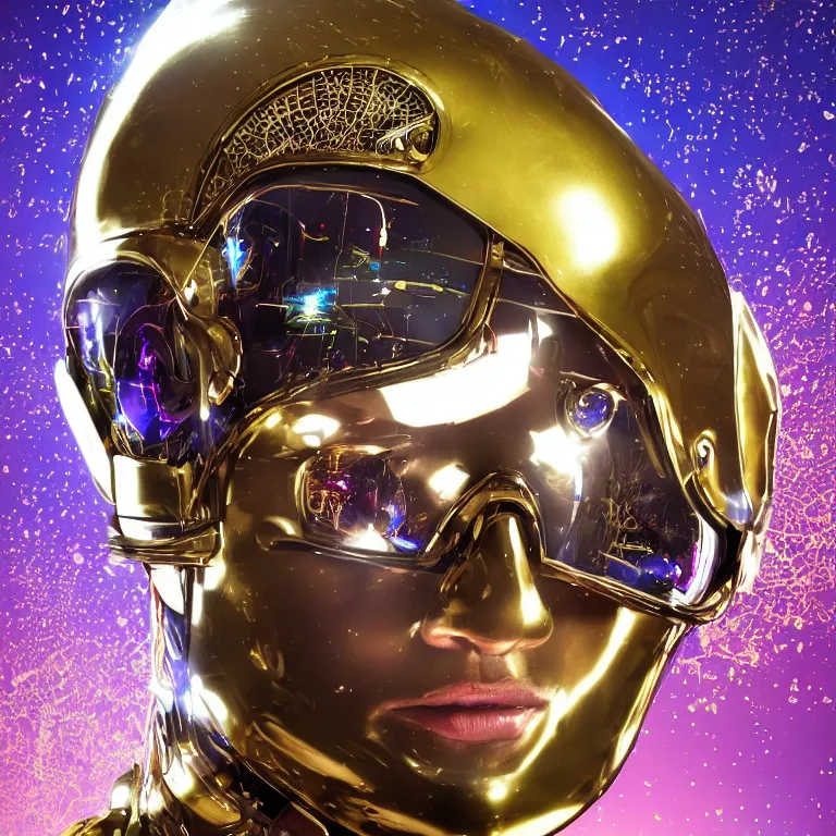 Prompt: extreme close - up portrait octane render by wayne barlow and carlo crivelli and glenn fabry, a sleek futuristic cyborg android dj wearing a massive shiny reflective gold and glass helmet full of vintage glowing digital displays and a colorful patterned latex suit, sitting in a charming vintage upscale colorful pastel bohemian elegant boutique hotel with beautiful wallpaper, very short depth of field, bokeh