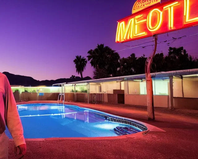 Image similar to photo of a man standing next to a swimming pool outside a motel with a neon sign in the desert at night, cinematic