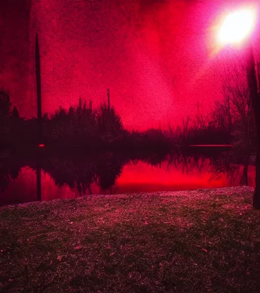 Image similar to photography at night of a red ethereal pond, a central sunlight glare, mystical lights, cyber futuristic lights in the sky, masterpiece, epic, cinematic, hyperealistic photo, high detailed, flashlight at night