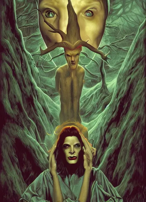 Image similar to twin peaks poster art, david bowie is infected with the spirit of the wendigo demon, old retro pulp, by michael whelan, rossetti bouguereau, artgerm, retro, nostalgic, old fashioned