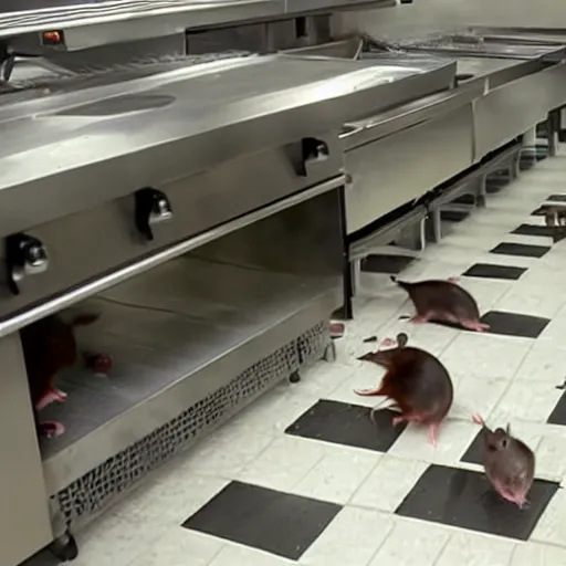 Prompt: rats run around in a fast food restaurant kitchen