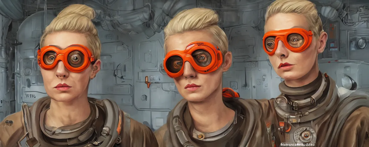 Image similar to character concept art 3 / 4 portrait of tattooed stoic heroic emotionless butch blonde woman engineer with short slicked - back hair, wearing dark victorian goggles, wearing orange bandana around neck, working inside reactor room, awkward and uncomfortable and anxious, dirty, dynamic composition by ron cobb. industrial space program, scifi, hyper detailed. octane render. trending on artstation