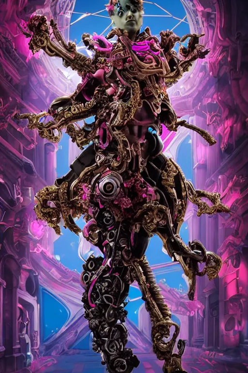 Image similar to full-body rococo and cyberpunk style sculpture of a young seductive Latino prince half android with a chest exposing circuitry, glowing pink seductive laser eyes, crown of blue gears and diamonds, swirling salmon-colored silk fabric, robotic raptors dinosaurs. baroque elements. full-length view. intricate artwork by caravaggio. art by Artgerm and Greg Rutkowski and Alphonse Mucha, Trending on artstation, cinematic industrial lighting, hyper realism, octane render, 8k, depth of field, 3D