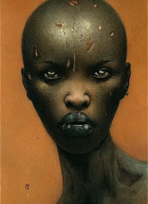 Image similar to bald barbarian black girl by Beksinski