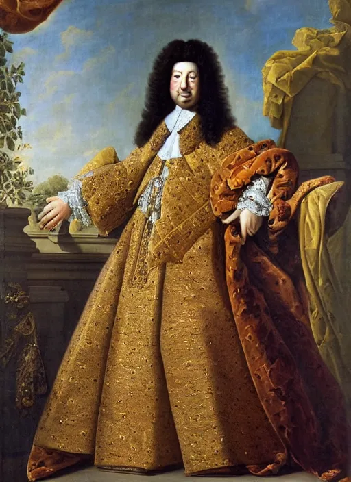 Prompt: portrait of Louis xiv of France in his coronation garb by hyacinthe rigaurd 1701