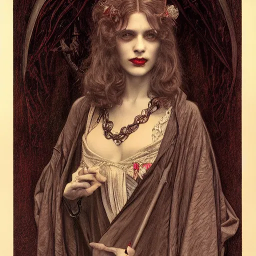 Image similar to portrait of a lady vampire, 35mm, 1920', depth of field, ominous, sharp, highly detailed, photorealistic, realistic, unreal 5, high definition, 8k, deviantart, donato giancola, irwin penn, Alphonse Mucha