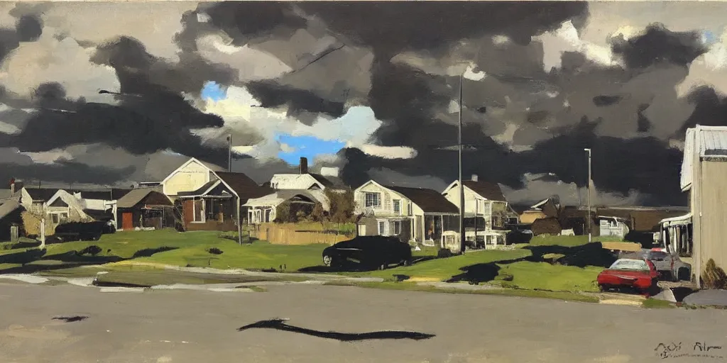 Image similar to us suburbs, ominous sky, ben aronson 1950