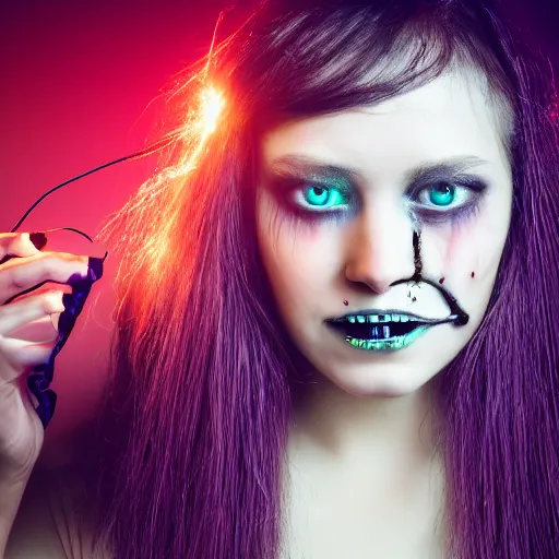 Image similar to a terrifying but beautiful young woman with wires for hair, full body, glowing eyes, razor sharp teeth, computers, horror, studio lighting, 8 5 mm f 1. 8, cyberpunk, full body portrait, masterpiece, trending, highly detailed, realistic