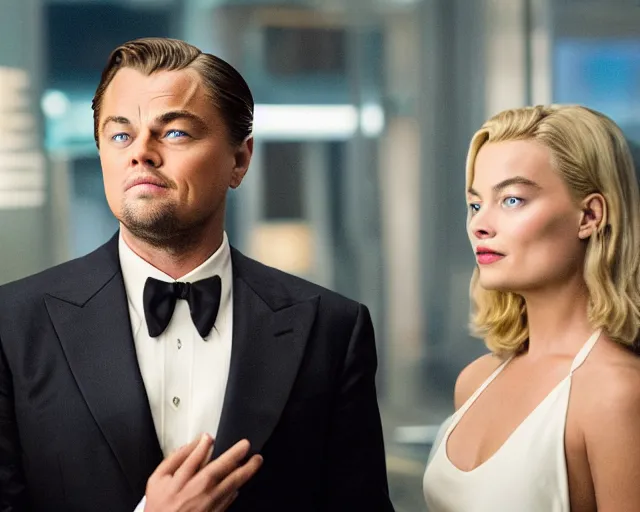 Image similar to leonardo dicaprio as the wolf of wall street standing next to margot robbie, cinamtic, long shot, hyper detailed, 8 5 mm photograph, 8 k resolution, film still, sharp lens, wide lens