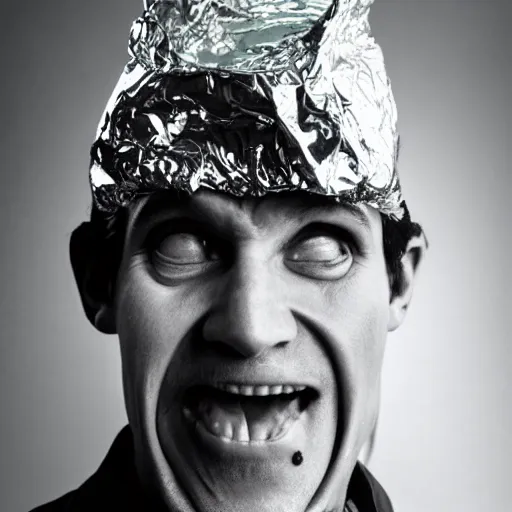 Image similar to crazy man wearing a tinfoil hat