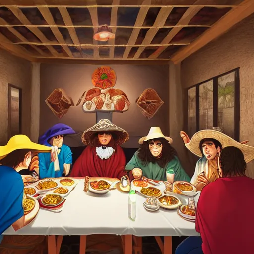 Image similar to the last supper in a mexican restaurant, sombrero, ponchos, by dan mumford, yusuke murata, makoto shinkai, ross tran, cosmic, heavenly, god rays, intricate detail, cinematic, 8 k, cel shaded, unreal engine, featured on artstation, pixiv