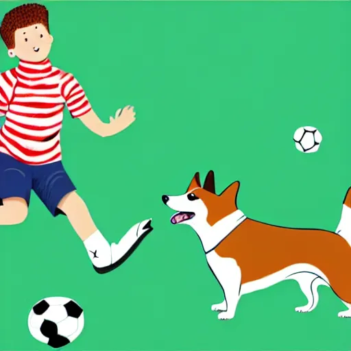 Image similar to illustration of french boy playing football with a corgi who is wearing a polka dot scarf