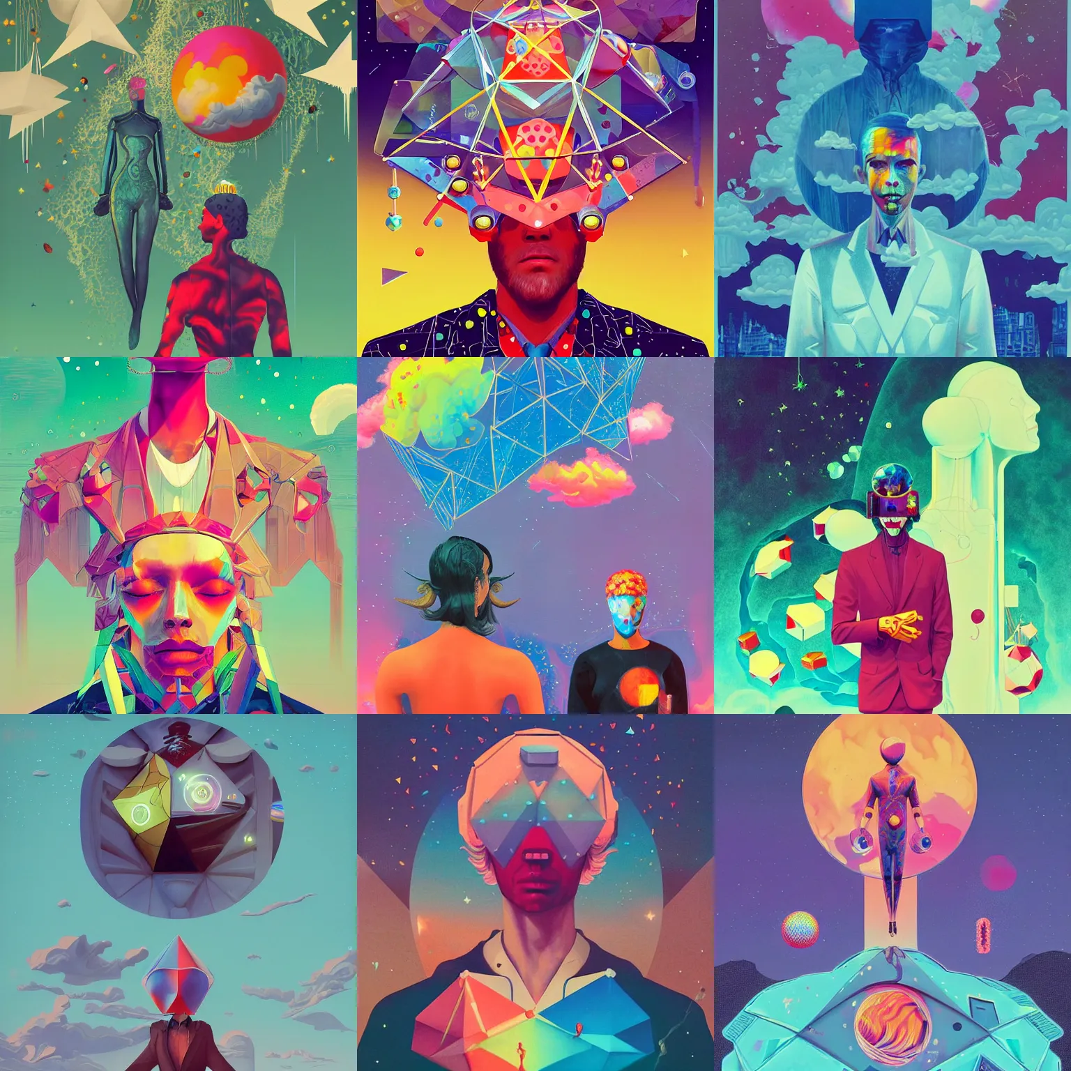 Prompt: surreal gouache painting, by ricardo bofill, conrad roset, by kilian eng, by good smile company, incredibly detailed, of floating molecules and a mannequin statue holding an icosahedron with stars, clouds, and rainbows in the background, cgsociety, artstation, modular patterned mechanical costume and headpiece, retrowave atmosphere