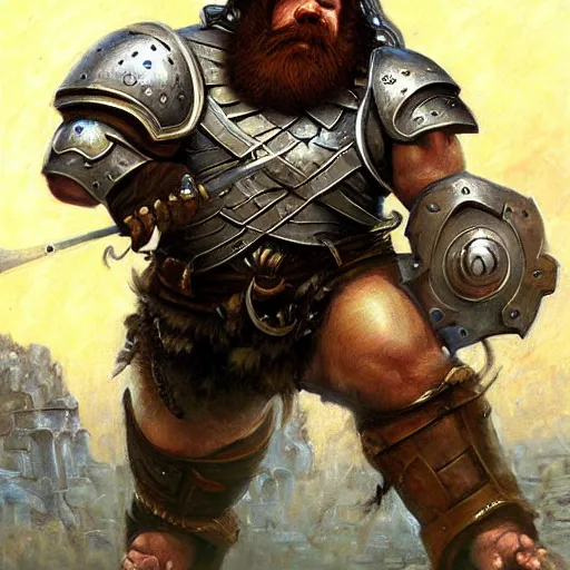 Image similar to Dwarven Gladiator. Epic painting by james gurney.