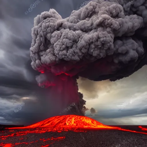 Prompt: volcanic storm clouds raining bright lava from the sky, 8k photorealistic, dramatic lighting, chiaroscuro