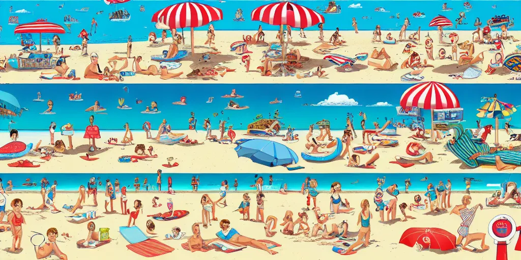 Image similar to a full page spread from the where's waldo at the beach book, waldo in the top right of frame, high detail illustration, coherent