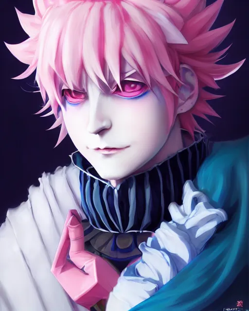 Image similar to extremely attractive soft feminine male as a jester anime character screenshot, nagito komaeda and hisoka jester, anime feminine male fool, intricate, sharp focus, illustration, highly detailed, digital painting, cell shaded, concept art, matte, art by ilya kuvshinov and kyoto animation and wlop, ruan jia, greg rutkowski, studio quality