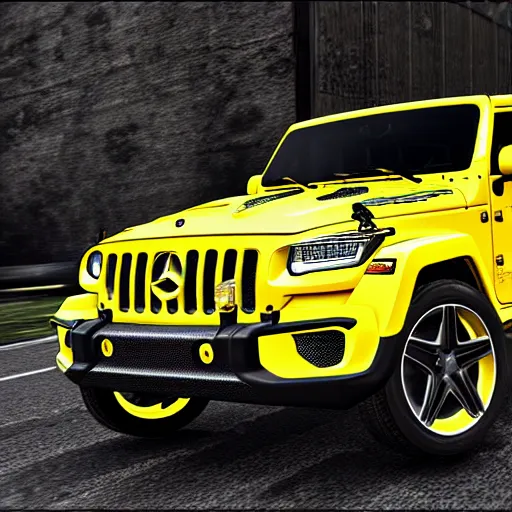 Image similar to yellow jeep wrangler and mercedes cla 4 5 amg gta 5 style digital art