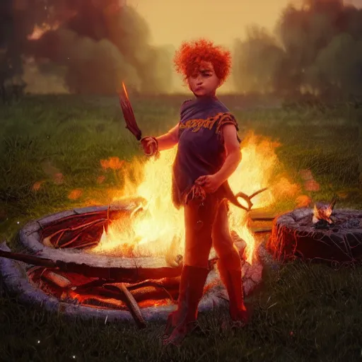 Image similar to 80's heavy metal kid standing in a fire ring, illustration, artgerm, octane render, inspired by Greg rutkowski, colorful, studio lighting, full body,