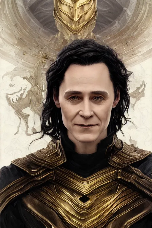 Image similar to portrait of Loki as a young boy, medium black hair, Nordic crown, black suit, fantasy, intricate, elegant, realistic, highly detailed, digital painting, artstation, concept art, smooth, sharp focus, illustration, art by artgerm and greg rutkowski and alphonse mucha