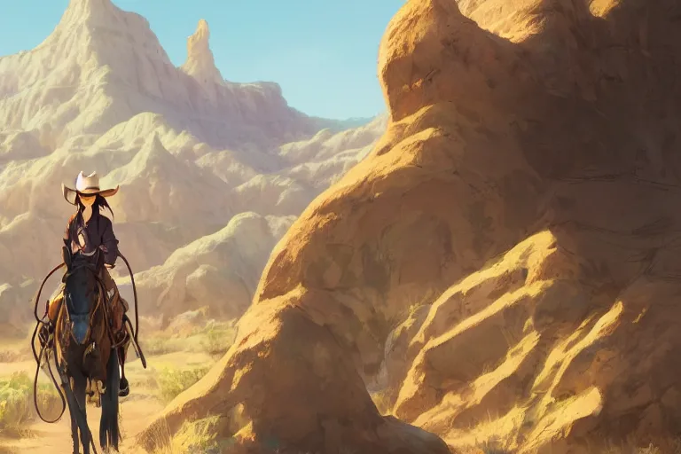 Image similar to western cowgirl in the badlands, single subject, scenic full shot, ambient lighting, detailed face, by makoto shinkai, stanley artgerm lau, wlop, rossdraws