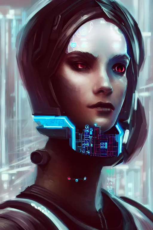 Prompt: a portrait of the cyberpunk android, high - contrast, intricate, elegant, highly detailed, digital painting, artstation, concept art, smooth, sharp focus, illustration