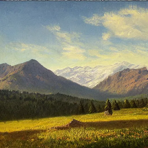 Prompt: mountains overlooking a meadow by james gurney