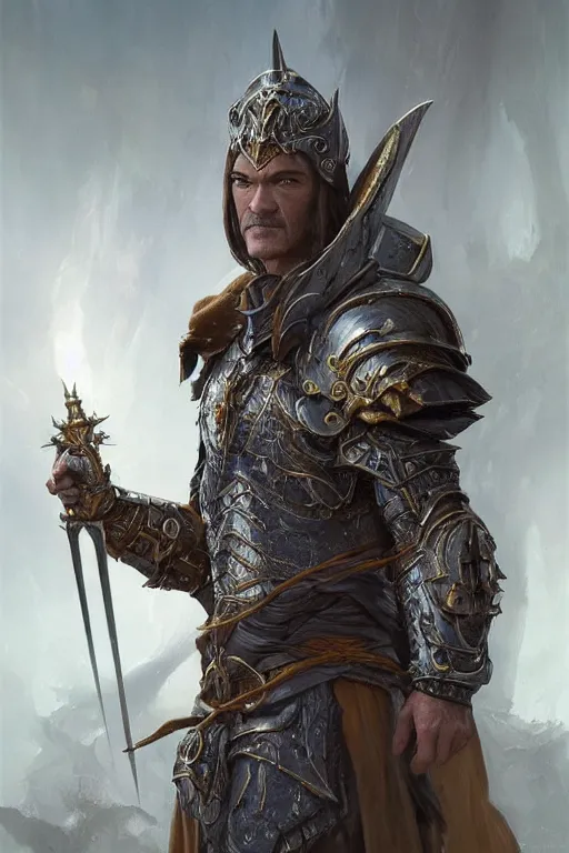 Prompt: portrait of antonio banderas as holy paladin, fantasy, d&d, intricate, highly detailed, smooth, artstation, digital illustration by Ruan Jia and Mandy Jurgens and Artgerm and Wayne Barlowe and Greg Rutkowski and Zdislav Beksinski