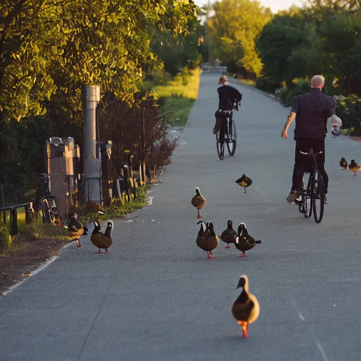 Prompt: joe biden!! falling off bike while stopping on a bike path, it is sunset and there are hundreds of ducks in the backgroud, canon eos c 3 0 0, ƒ 1. 8, 3 5 mm, 8 k, medium - format print