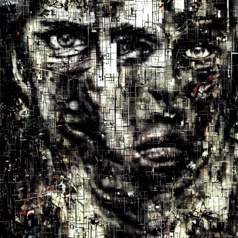 Image similar to portrait of a cyberpunk man, mysterious, glitch effects over the eyes, shadows, by Guy Denning, by Johannes Itten, by Russ Mills, centered, glitch art, hacking effects, chromatic, cyberpunk, color blocking, oil on canvas, concept art, abstract