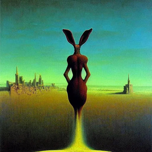 Image similar to a giant rabbit stands over a city painting by beksinski, by larry elmore, dali colors. masterpiece painting