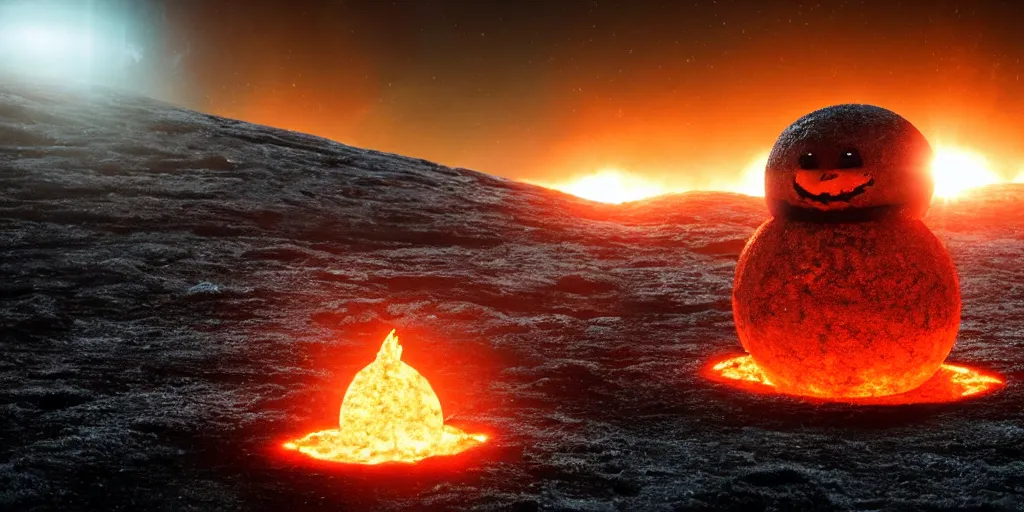 Image similar to a melted glowing snowman melting on top of the sun. the ground is made of fire and lava and is glowing orange. cinematic, dramatic, epic, volumetric lighting, atmospheric, red, orange extremely coherent, masterpiece, highly detailed, trending on artstation, 8 k, space, warm, solar flare, blade runner 2 0 4 9