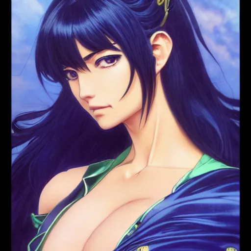 Image similar to highly detailed vfx portrait of nico robin by eiichiro oda!, makoto shinkai, alphonse mucha, sharp focus, art by artgerm and greg rutkowski!, harsh overhead sunlight, blue eyes!!, large aquiline nose!!, perfect face, stanley kubrick, kaoru mori, intricately detailed, behance, 4 k, hdr