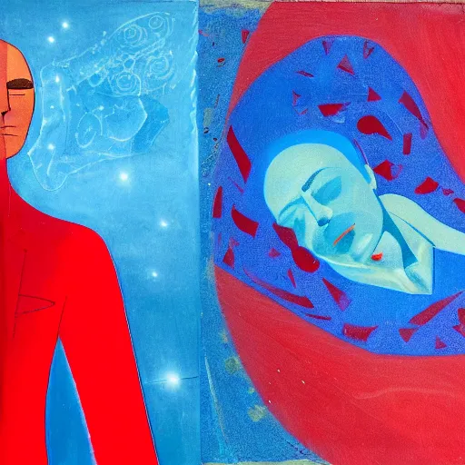 Prompt: A beautiful sculpture of a man in a red suit with a blue background. The man's eyes are closed and he has a serene, content look on his face. His arms are crossed in front of him and he appears to be floating in space. The blue background is swirling with geometric shapes and patterns. by John Harris tranquil, kaleidoscopic