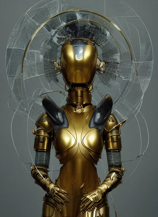 Image similar to portrait of a futuristic geisha cyborg with golden body armor holding a ecosphere with a plant inside, modern fine art, fractal, intricate, elegant, highly detailed, digital photography, subsurface scattering, by jheronimus bosch and greg rutkowski,