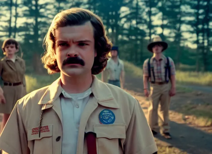 Image similar to film still of jim hopper as steve harrington in stranger things, 8 k