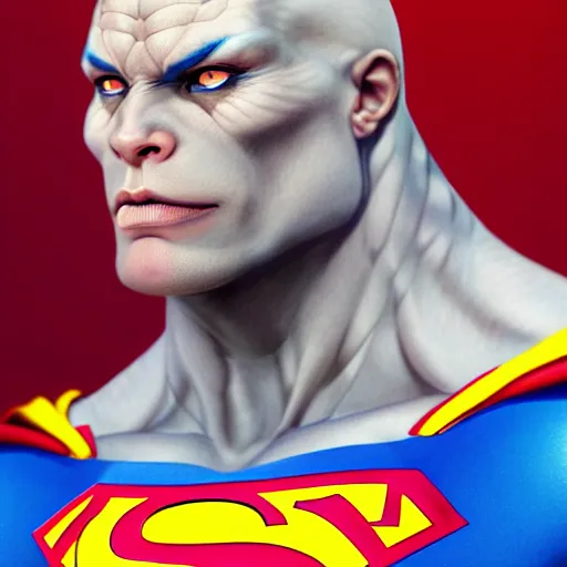 Image similar to a esthetic portrait commission of a muscular antrho albino tiger wearing the superman outfit,hyperdetailed face,character design by charlie bowater,ross tran,artgerm,makoto shibkai,photorealistic,western comic book art,film poster,deviantart,artstation