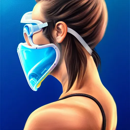 Prompt: profile photo of a girl diver wearing a visor and a diving mask with high detailed tattoos on neck, side profile in underwater, highly detailed, digital painting, artstation, concept art, smooth, sharp focus, illustration by Sandra Chevrier