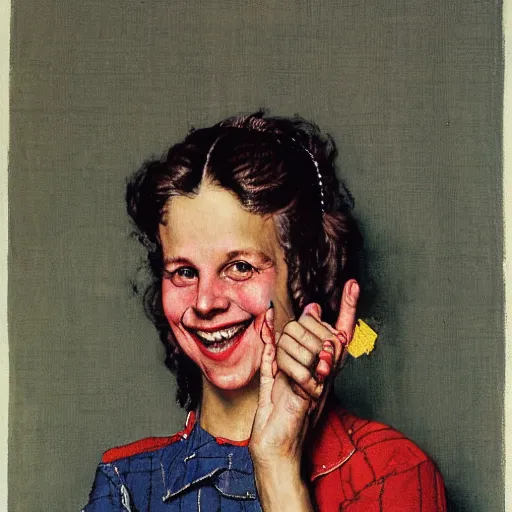 Prompt: a portrait of svika pick smiling while doing a peace sign, by norman rockwell