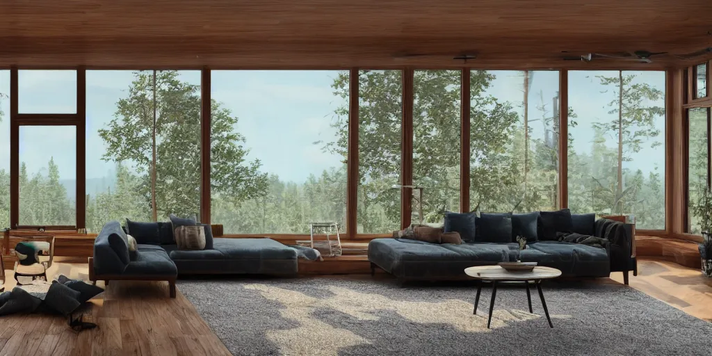 Image similar to a beautiful modern living room with wood floors, large windows with a beautiful view of a forest, an area rug, realistic, hd, 8 k, digital rendering, unreal engine, blender, octane, maya