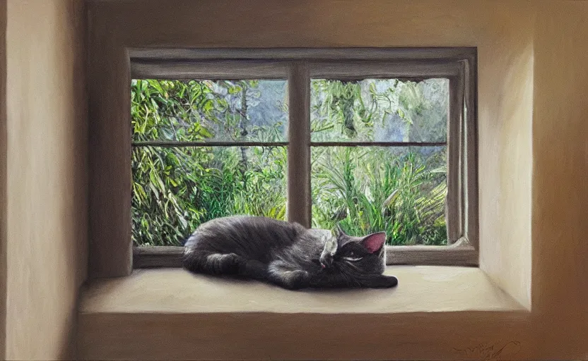 Prompt: detailed oil painting of sleeping cat on window, inside house in village, plants, photorealistic imagery