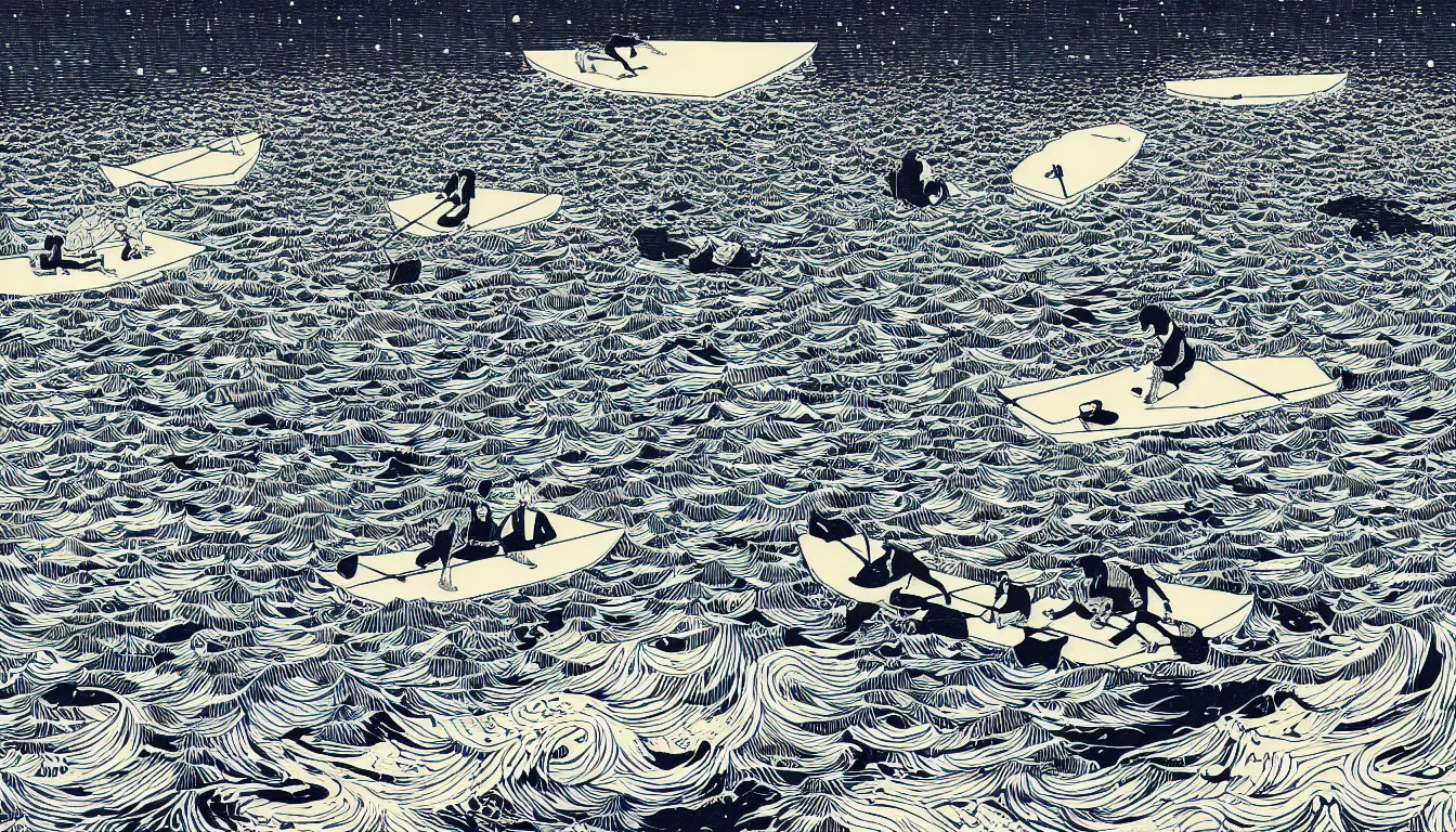 Prompt: raft in the lake by woodblock print, nicolas delort, moebius, victo ngai, josan gonzalez, kilian eng