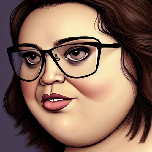 Prompt: chubby curvy 30 year old brunette woman with messy hair in a short bob, round face, large glasses, romanian heritage, brown eyes, olive skin, bulbous nose, big chin, wide face, no bangs, digital art, painterly, cartoon, cute, 8k, illustration, painterly, trending on artstation, medium shot, uncropped