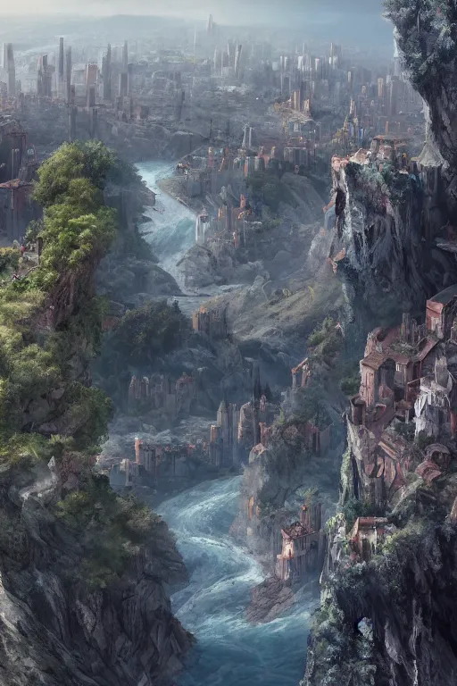 Image similar to Sharn, city of towers at the top of a cliff overlooking a river, matte painting, concept art, trending on artstation