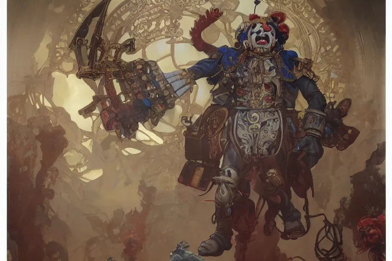 Image similar to full portrait of warhammer 4 0 clown, fantasy, detailed, by alphonse mucha, adolfo hohenstein, alice russell glenny, stanley artgerm lau, greg rutkowski, detailed, trending on artstation, trending on artstation, smooth